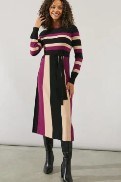 Stripe Colourblock Belted Knitted Midi Dress