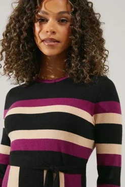 Stripe Colourblock Belted Knitted Midi Dress