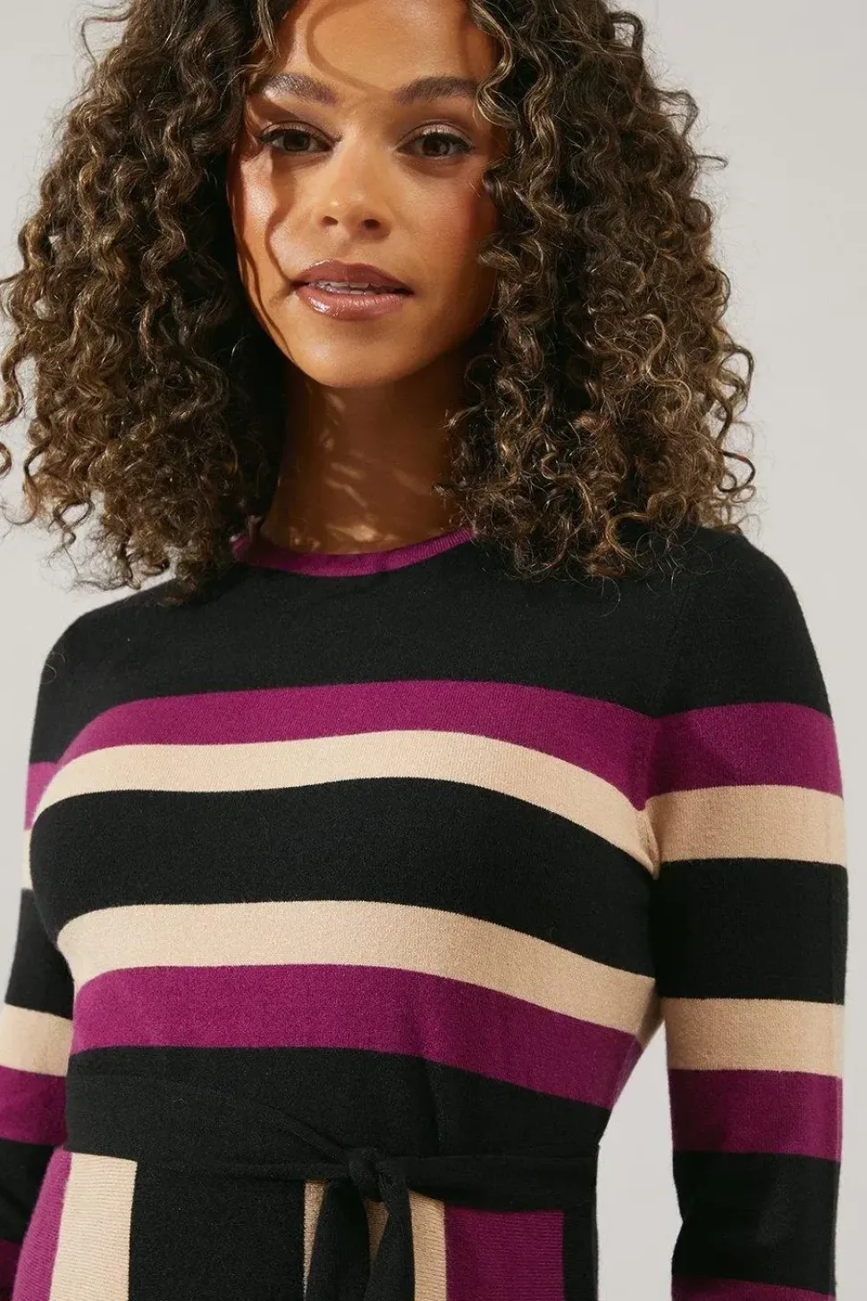 Stripe Colourblock Belted Knitted Midi Dress