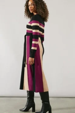 Stripe Colourblock Belted Knitted Midi Dress