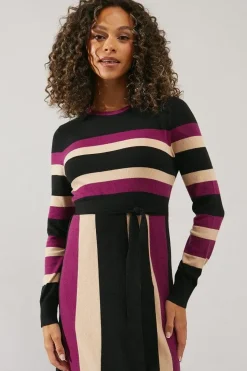 Stripe Colourblock Belted Knitted Midi Dress
