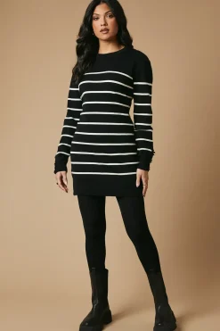 Striped Button Cuff Knitted Mini Dress