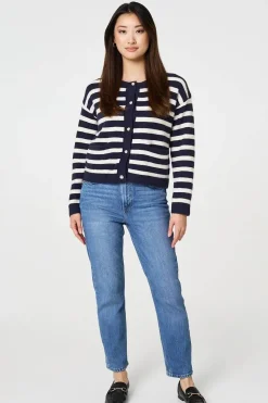 Striped Button Detail Cropped Cardigan