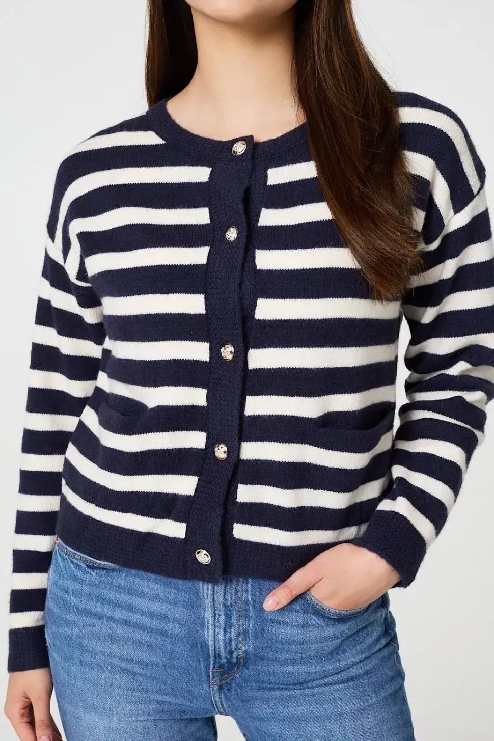 Striped Button Detail Cropped Cardigan