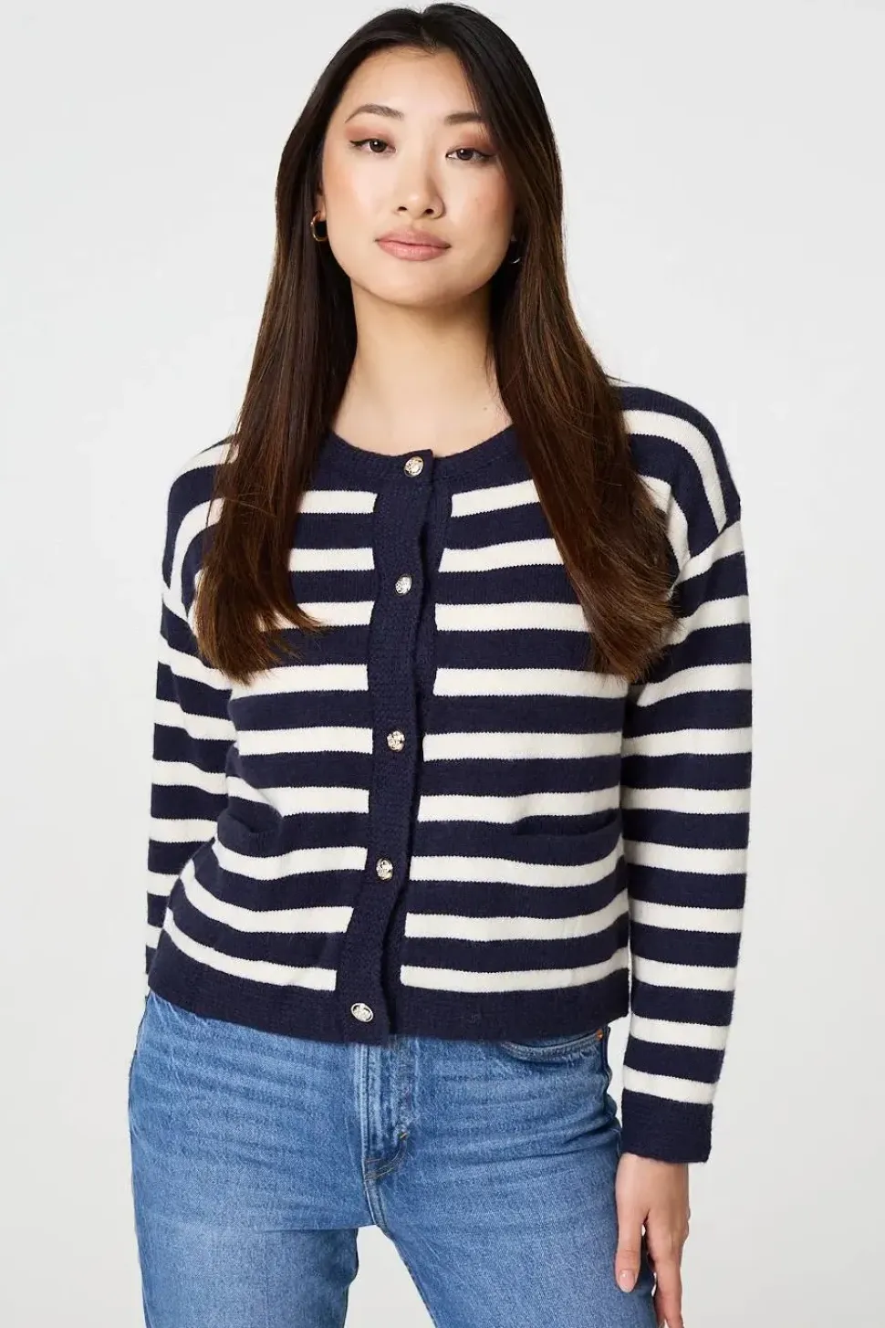 Striped Button Detail Cropped Cardigan