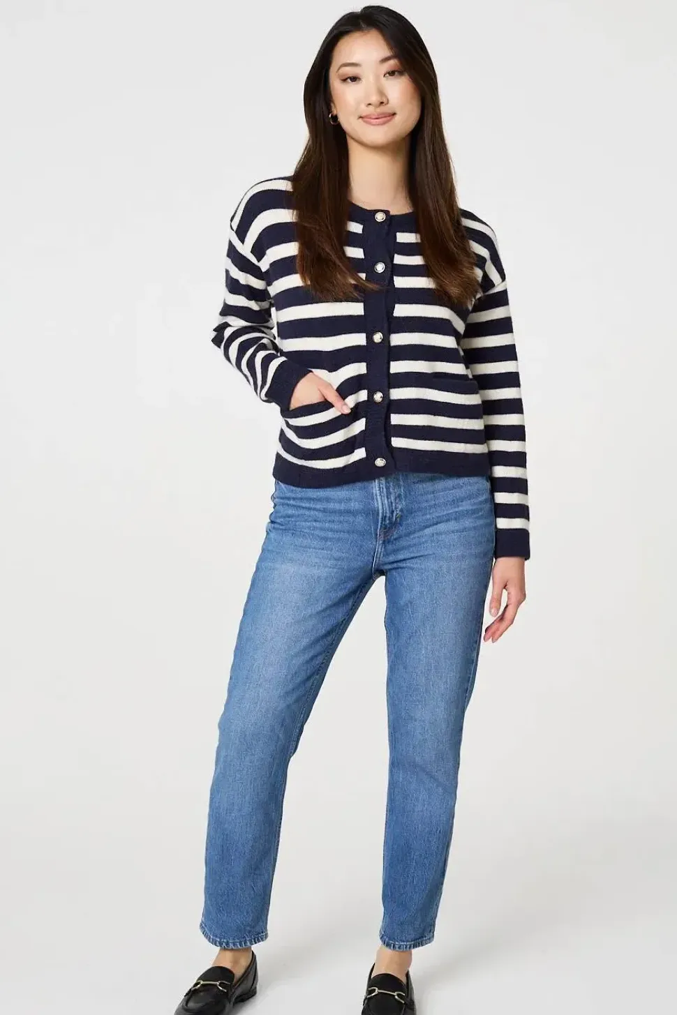Striped Button Detail Cropped Cardigan