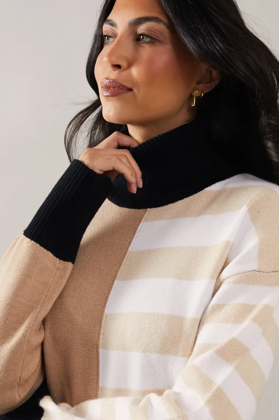 Striped Colourblock Roll Neck Jumper