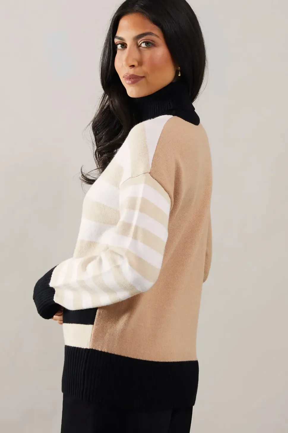 Striped Colourblock Roll Neck Jumper