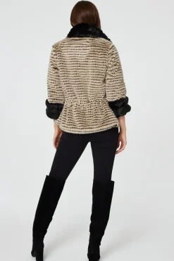 Striped Faux Fur 3/4 Sleeve Jacket