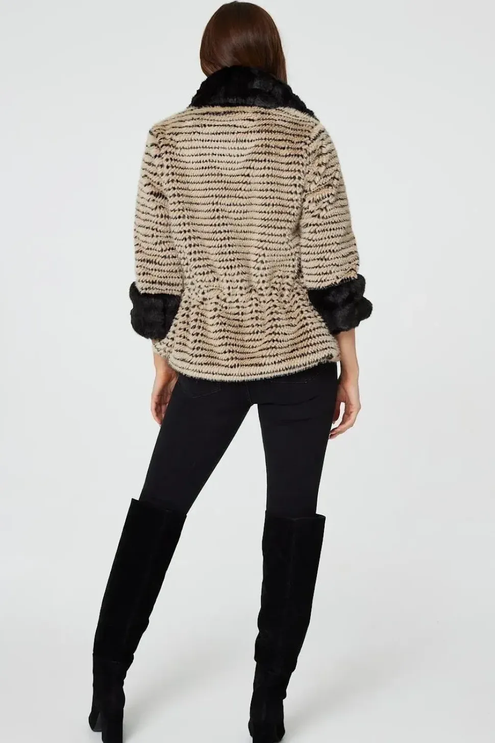 Striped Faux Fur 3/4 Sleeve Jacket