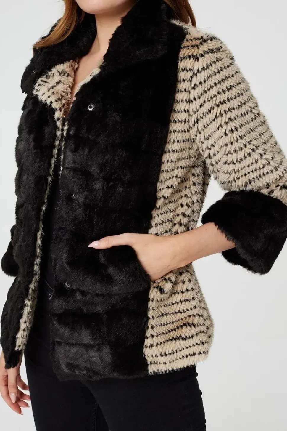 Striped Faux Fur 3/4 Sleeve Jacket
