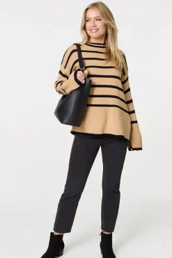 Striped Flare Sleeve Roll Neck Jumper