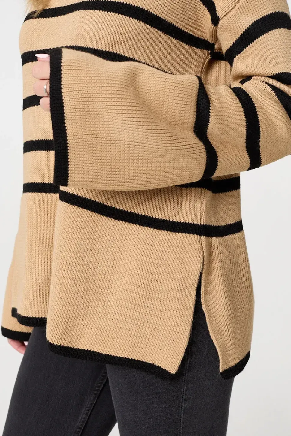 Striped Flare Sleeve Roll Neck Jumper