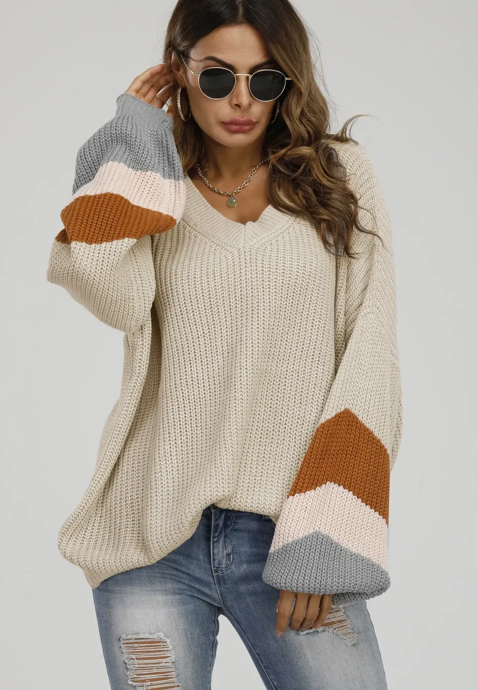 Striped Jumper In Beige & Peach Pink & Camel