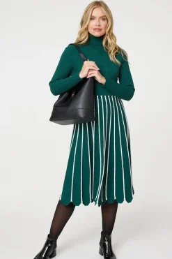 Striped Knit Top High Neck Midi Dress