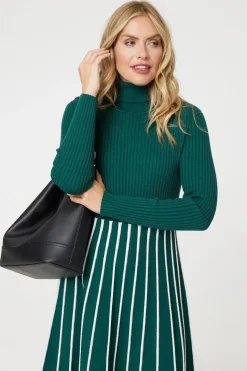 Striped Knit Top High Neck Midi Dress