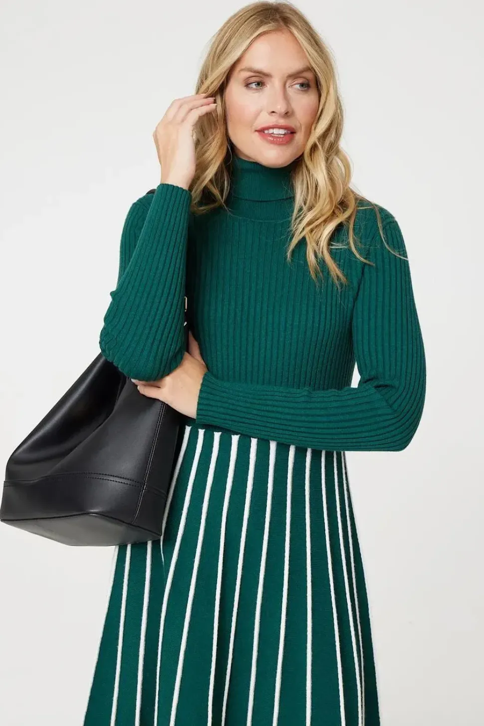 Striped Knit Top High Neck Midi Dress
