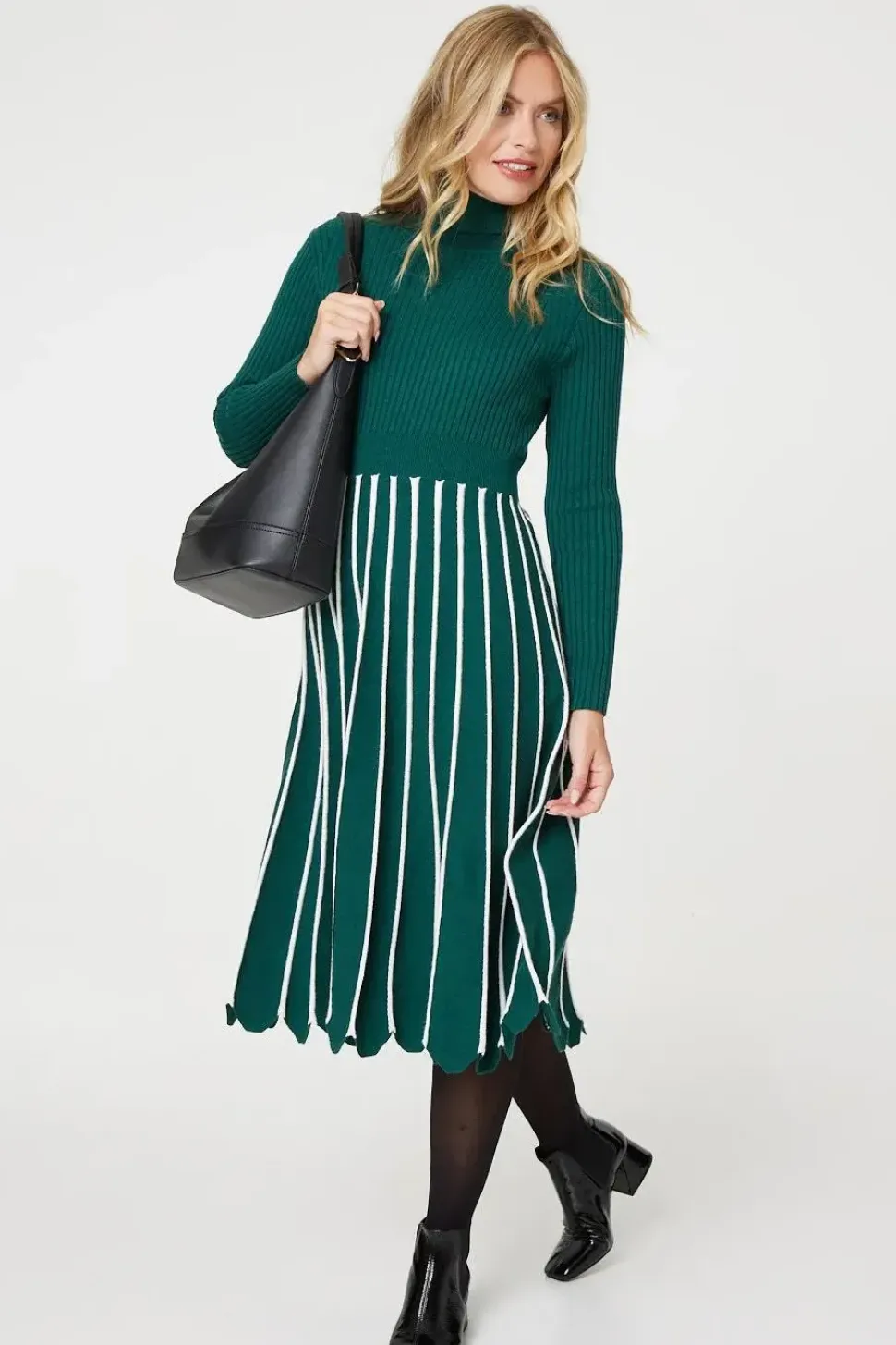 Striped Knit Top High Neck Midi Dress
