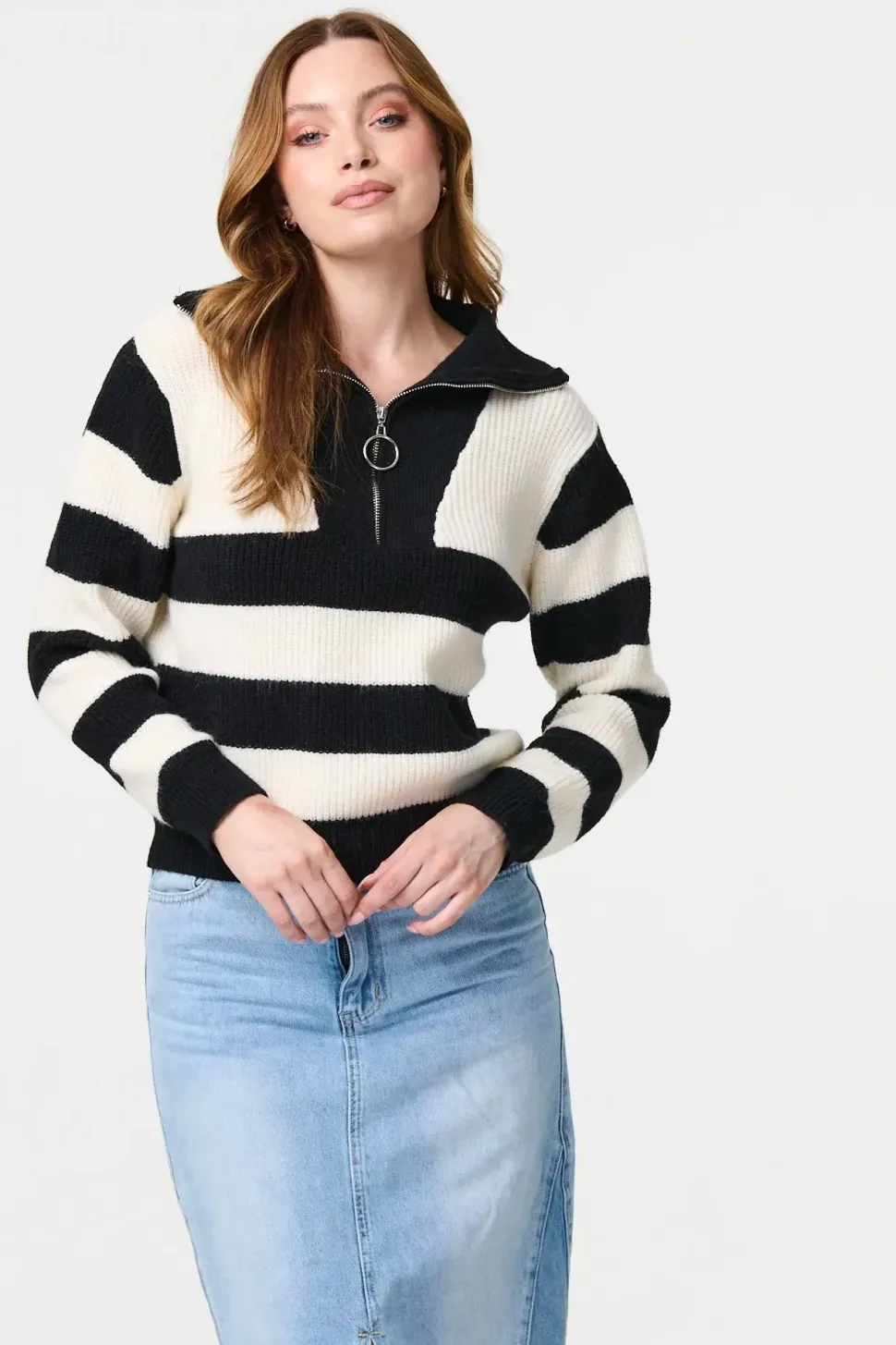 Striped Knit 1/4 Zip High Neck Pullover