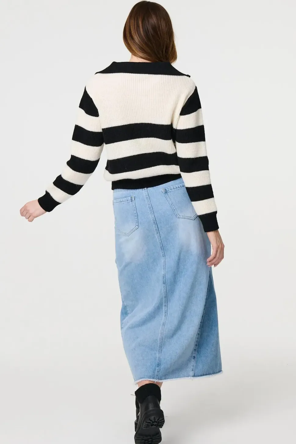 Striped Knit 1/4 Zip High Neck Pullover
