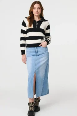 Striped Knit 1/4 Zip High Neck Pullover