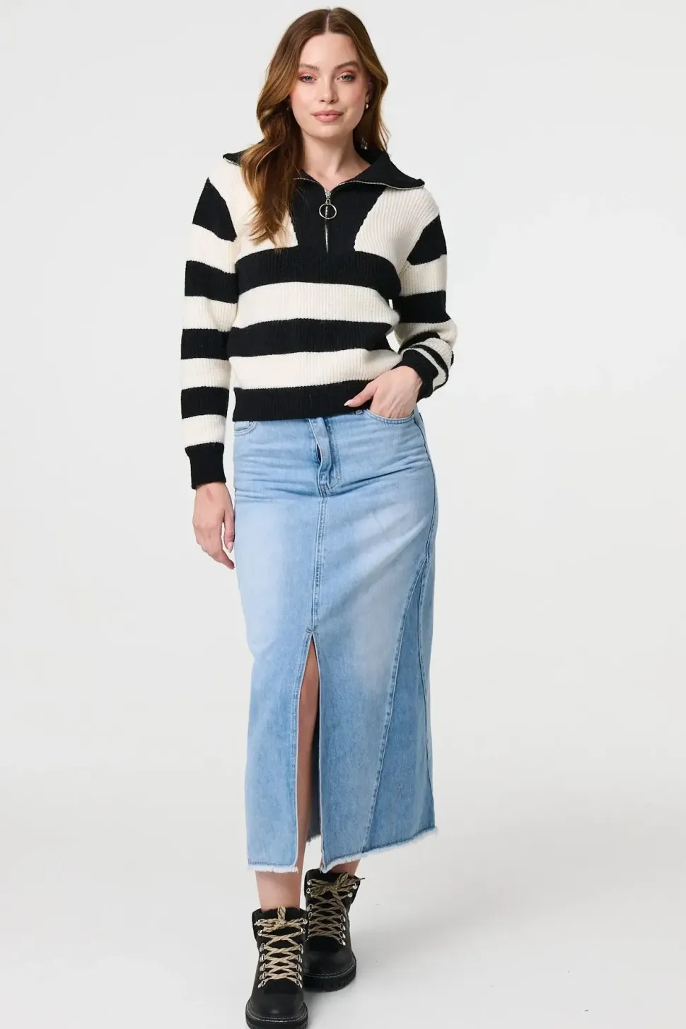 Striped Knit 1/4 Zip High Neck Pullover
