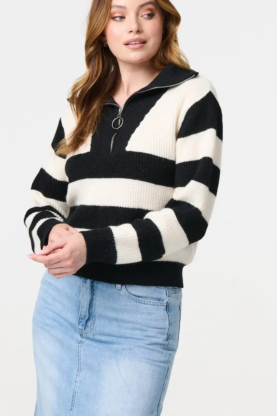 Striped Knit 1/4 Zip High Neck Pullover