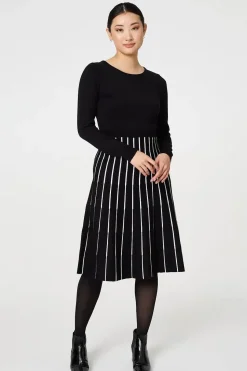 Striped Pleat Skirt Knitted Midi Dress