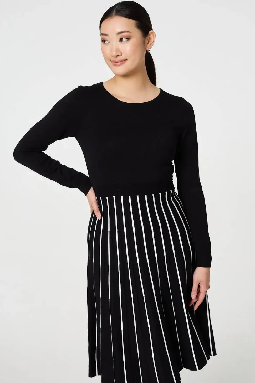 Striped Pleat Skirt Knitted Midi Dress