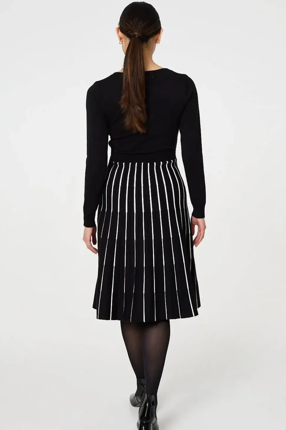 Striped Pleat Skirt Knitted Midi Dress