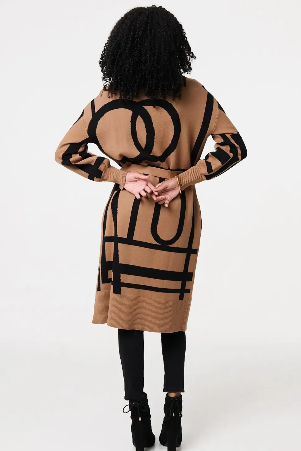Striped Print Tie Waist Longline Coat
