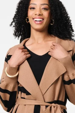 Striped Print Tie Waist Longline Coat