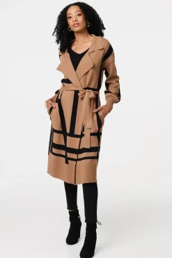 Striped Print Tie Waist Longline Coat