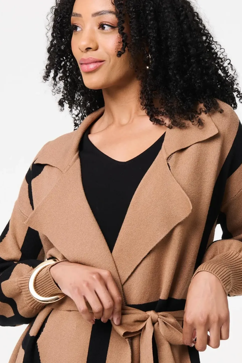 Striped Print Tie Waist Longline Coat