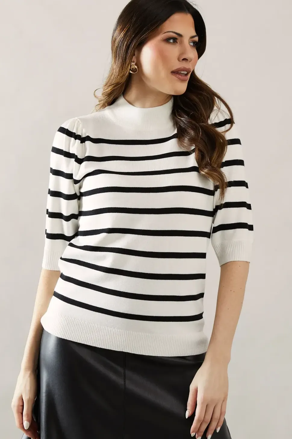 Striped Puff Sleeve Fine Gauge Knitted Top
