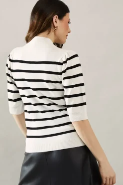 Striped Puff Sleeve Fine Gauge Knitted Top