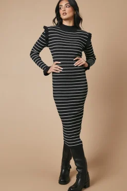 Striped Ribbed Frill Shoulder Knitted Midi Dress