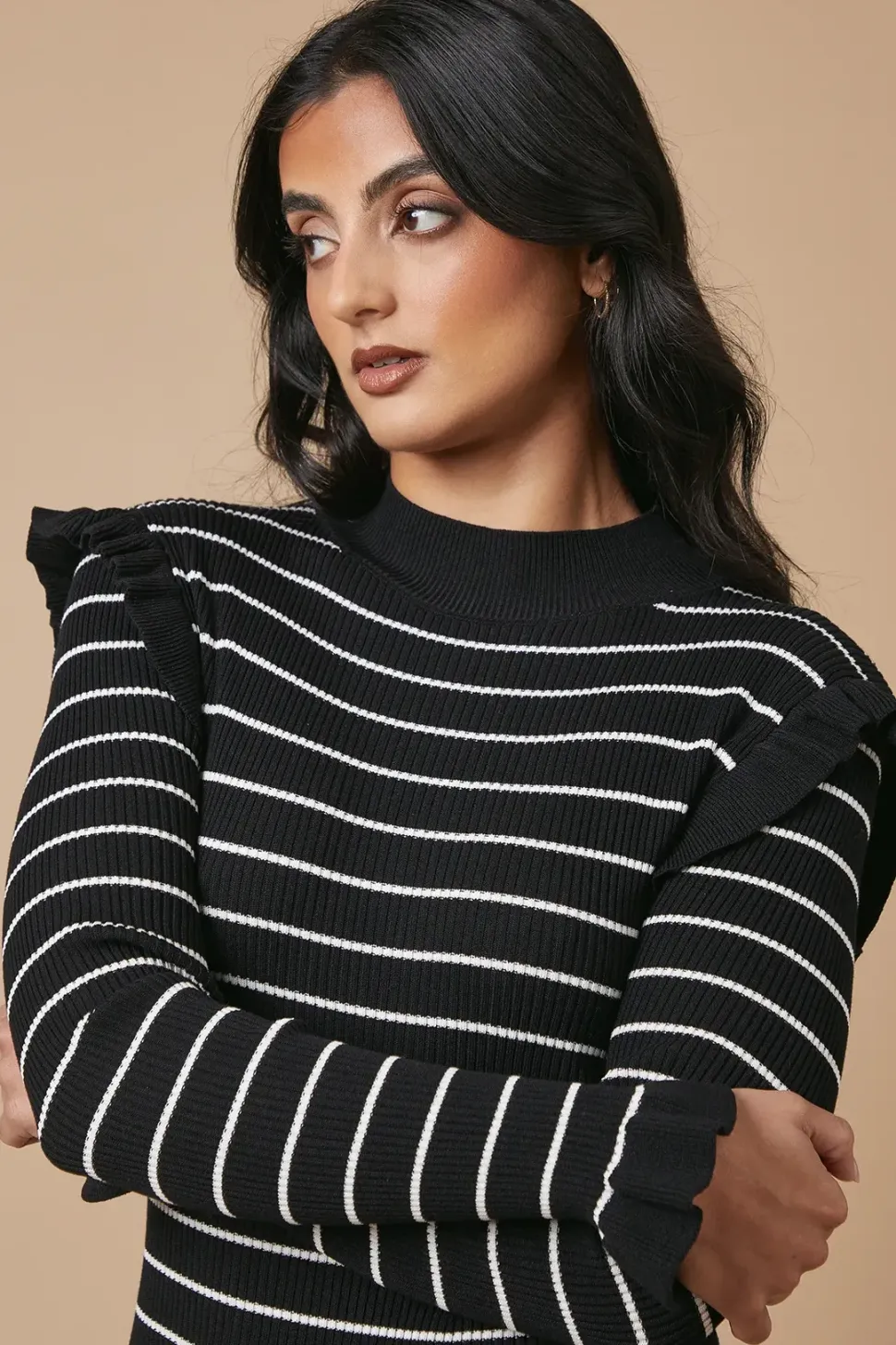 Striped Ribbed Frill Shoulder Knitted Midi Dress