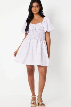 Striped Seersucker Bardot Puff Sleeve Shirred Mini Dress