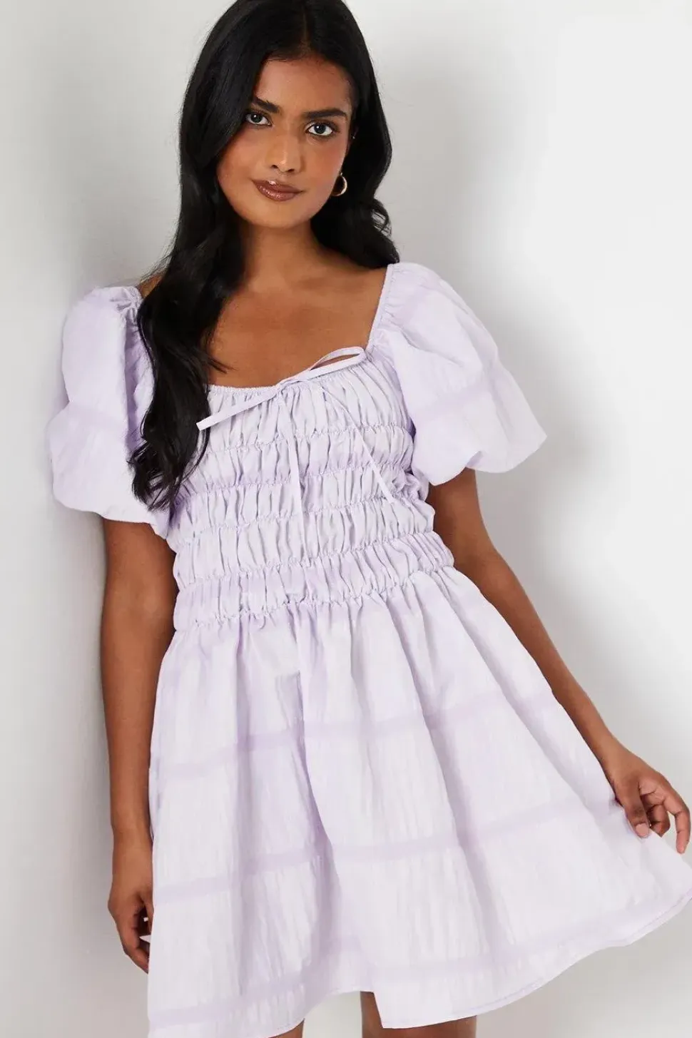 Striped Seersucker Bardot Puff Sleeve Shirred Mini Dress