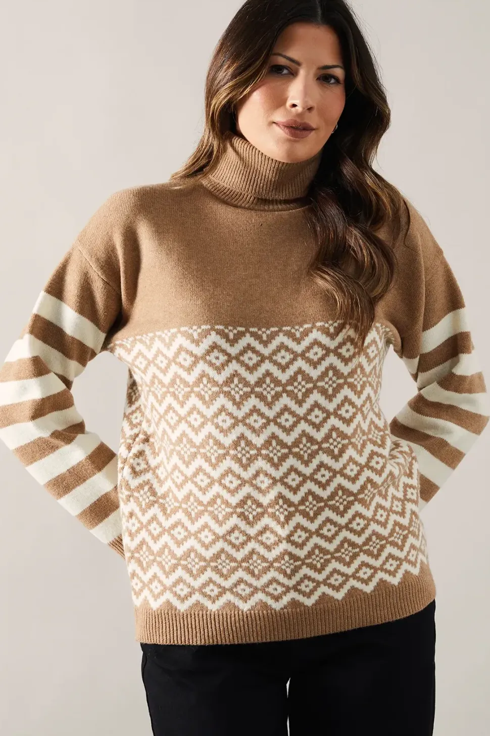 Striped Sleeve Fairisle Front Roll Neck Jumper