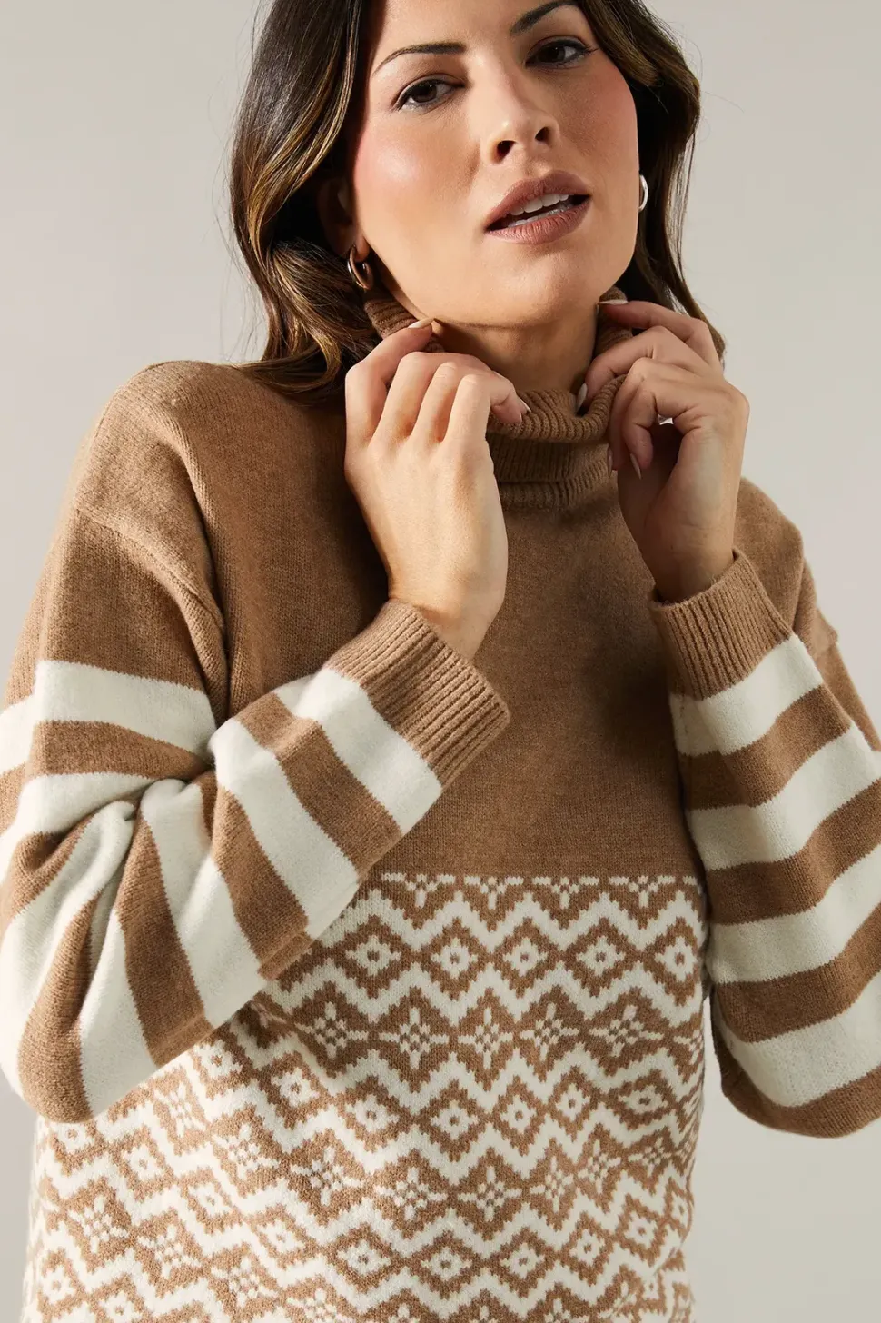 Striped Sleeve Fairisle Front Roll Neck Jumper