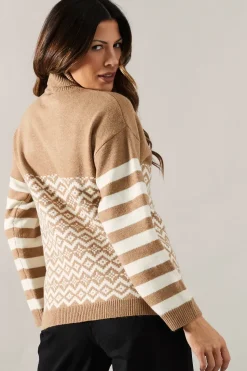 Striped Sleeve Fairisle Front Roll Neck Jumper