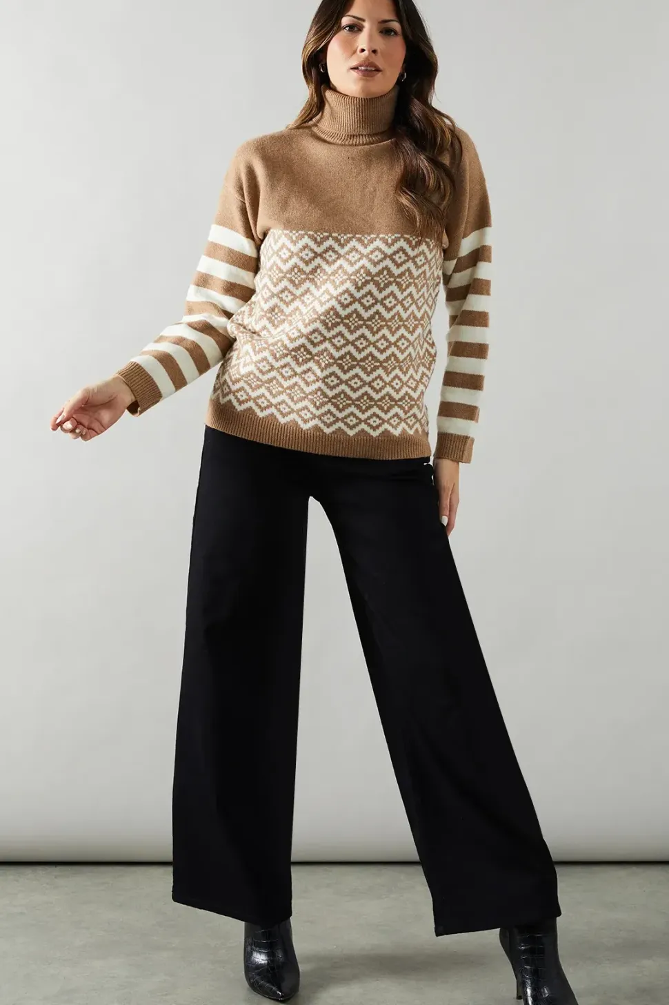 Striped Sleeve Fairisle Front Roll Neck Jumper