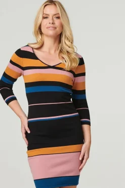 Striped 3/4 Sleeve Knit Dress