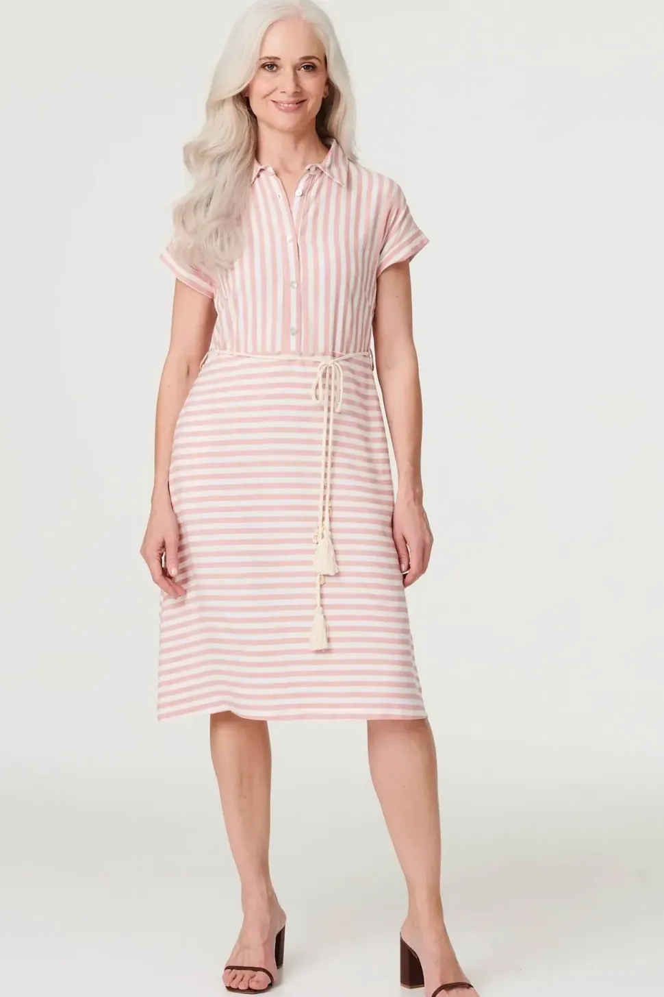 Striped Tie Waist Knee Length Dress