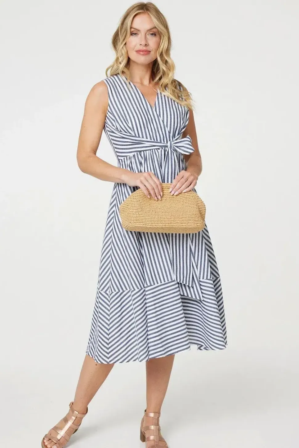 Striped Tie Waist Tiered Midi Dress