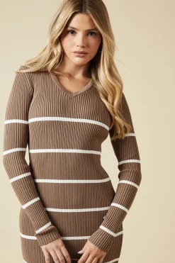Striped V Neck Bodycon Knitted Midi Dress
