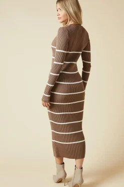 Striped V Neck Bodycon Knitted Midi Dress