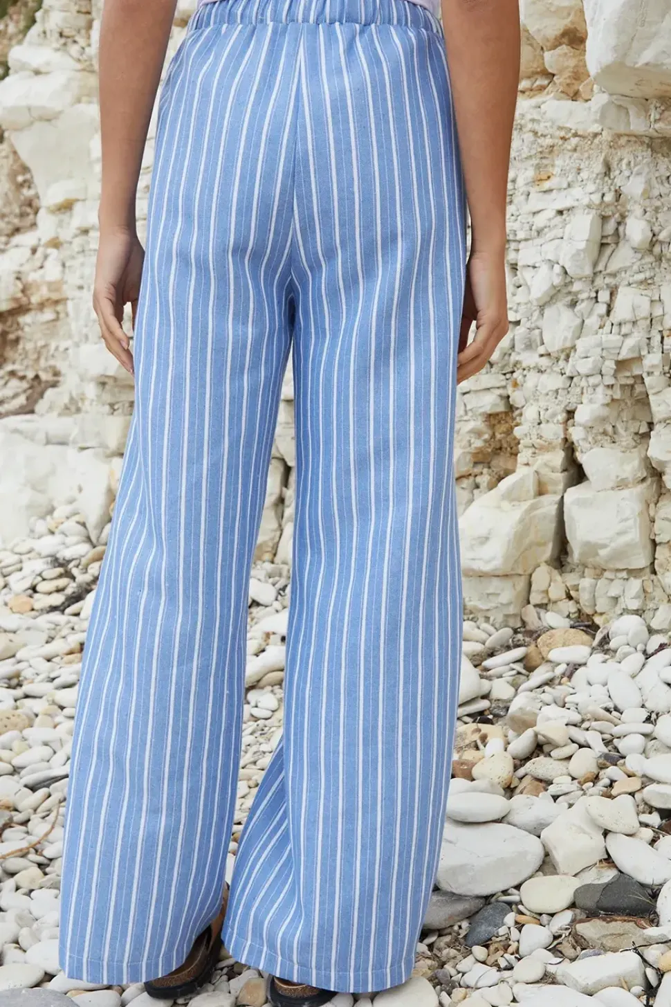 Striped 'Dannie' Cotton Blend Drawcord Wide Leg Trousers